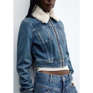 NWT Mango Mng Gio Sherpa Shearling Collar Zip Biker Moto Denim Jacket Blue XS